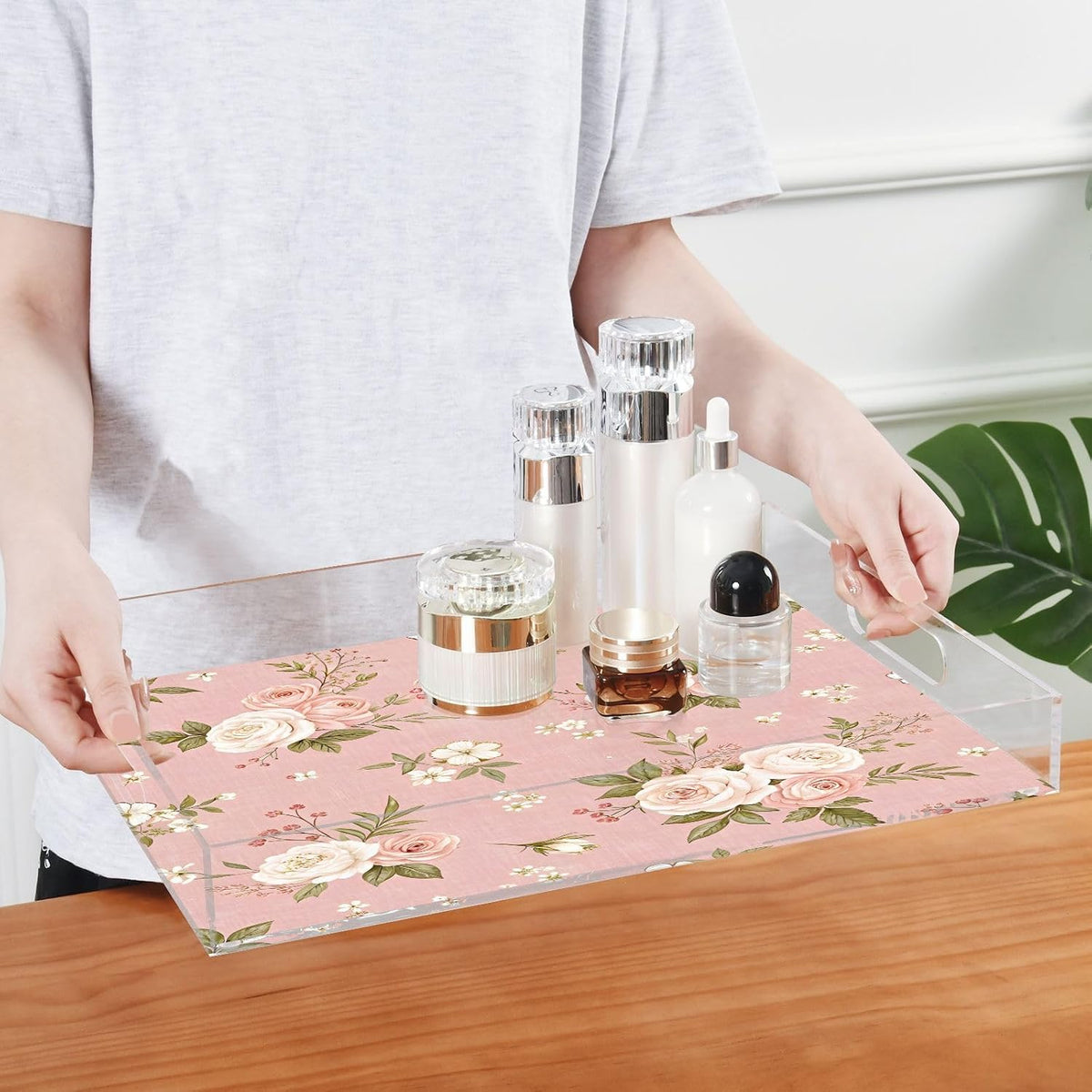 Pink Floral Pattern Serving Tray 12" x 16" Acrylic Trays with Handles Decorative Serving Platter for Coffee, Breakfast in Bed, Dinner, Appetizers, Patio, Party