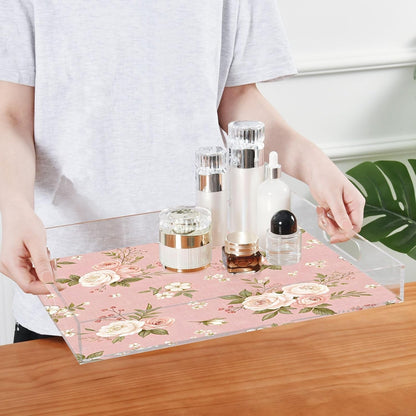 Pink Floral Pattern Serving Tray 12" x 16" Acrylic Trays with Handles Decorative Serving Platter for Coffee, Breakfast in Bed, Dinner, Appetizers, Patio, Party