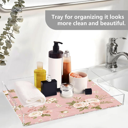 Pink Floral Pattern Serving Tray 12" x 16" Acrylic Trays with Handles Decorative Serving Platter for Coffee, Breakfast in Bed, Dinner, Appetizers, Patio, Party