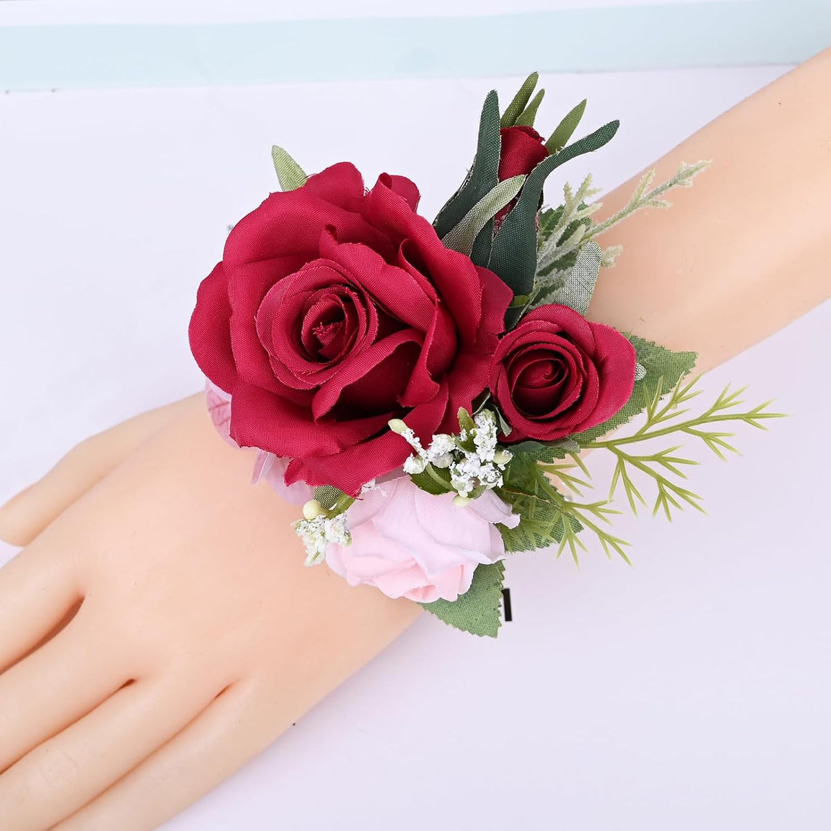 Artificial Rose Corsage Boutonniere Set, Red+Pink, 2 Pieces (Q-D)