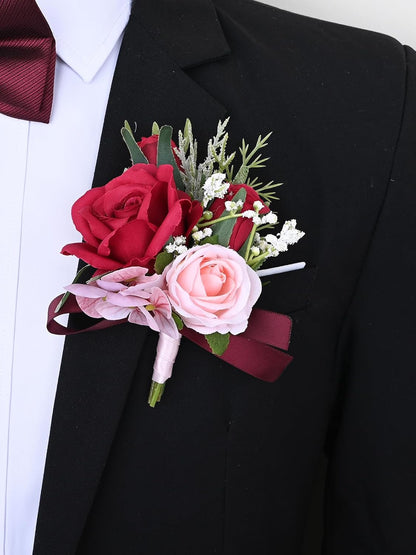 Artificial Rose Corsage Boutonniere Set, Red+Pink, 2 Pieces (Q-D)