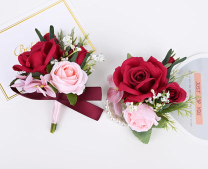 Artificial Rose Corsage Boutonniere Set, Red+Pink, 2 Pieces (Q-D)