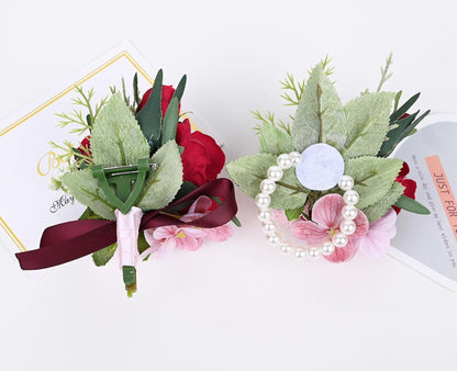 Artificial Rose Corsage Boutonniere Set, Red+Pink, 2 Pieces (Q-D)