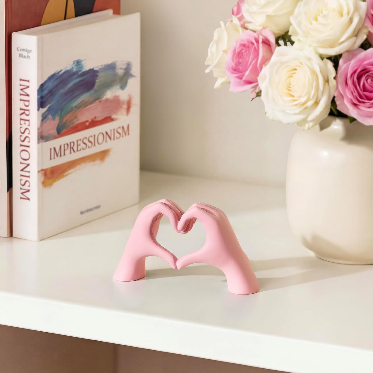 Pink Decor Living Room - Small Shelf Decor Aesthetic - Heart Hands Sculpture - Teen Girls Bedroom Knick Knacks - Cute Home Shelves Accent - Ta (Pink, Mini)