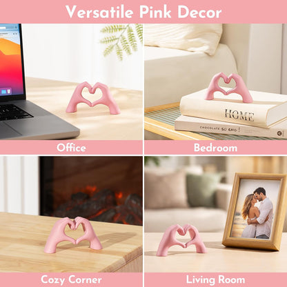 Pink Decor Living Room - Small Shelf Decor Aesthetic - Heart Hands Sculpture - Teen Girls Bedroom Knick Knacks - Cute Home Shelves Accent - Ta (Pink, Mini)