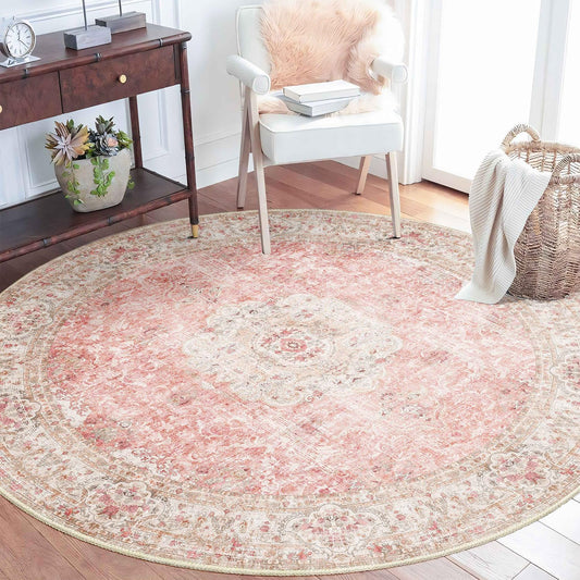 Pink Round Rug 5ft, Circle Boho Area Rugs for Bedroom Living Room