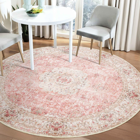 Pink Round Rug 5ft, Circle Boho Area Rugs for Bedroom Living Room