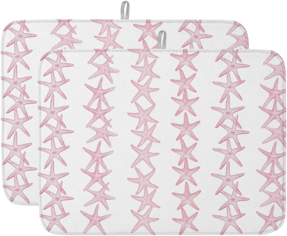 Light Pink Starfish Coastal Dish Drying Mat for Kitchen Counter, Microfiber Dishes Drainer Mat Rack Pad, Nautical Summer Ocean Modern Absorbent Dish Bottle Drying Mats, 18''x24'', 2 Pack