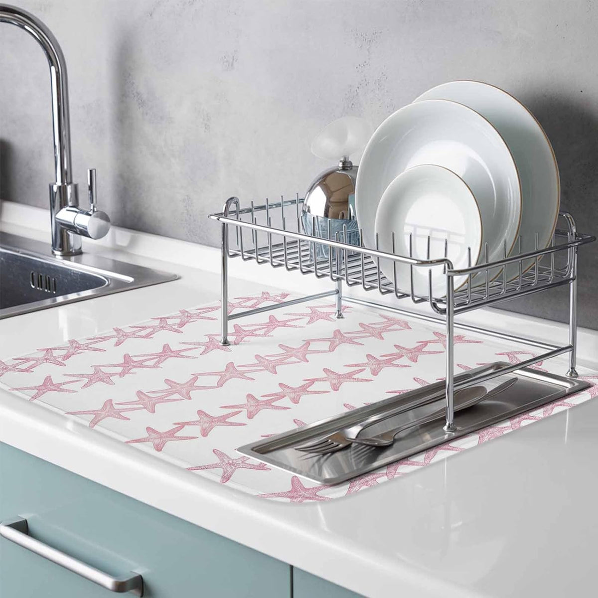 Light Pink Starfish Coastal Dish Drying Mat for Kitchen Counter, Microfiber Dishes Drainer Mat Rack Pad, Nautical Summer Ocean Modern Absorbent Dish Bottle Drying Mats, 18''x24'', 2 Pack