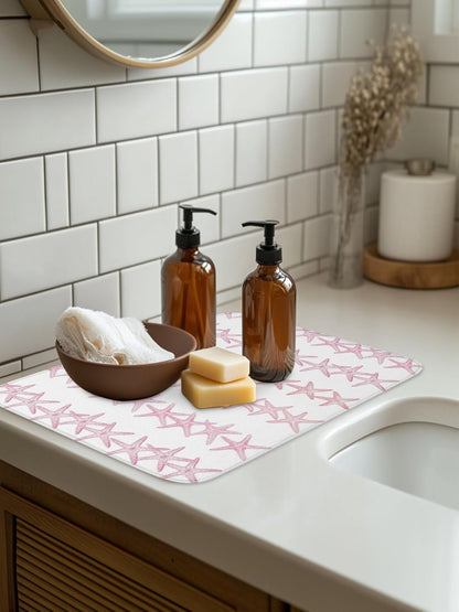 Light Pink Starfish Coastal Dish Drying Mat for Kitchen Counter, Microfiber Dishes Drainer Mat Rack Pad, Nautical Summer Ocean Modern Absorbent Dish Bottle Drying Mats, 18''x24'', 2 Pack