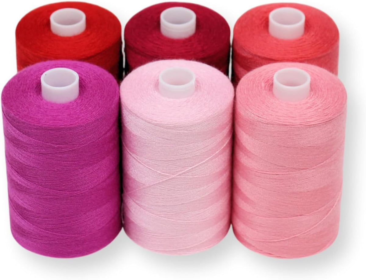 Sewing Thread in Red & Pink Color Tones – 6 Spools of Polyester Thread for Sewing Machine for Beginners, Hand Stitching & Quilting - 1000 yds per Spool