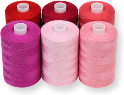 Sewing Thread in Red & Pink Color Tones – 6 Spools of Polyester Thread for Sewing Machine for Beginners, Hand Stitching & Quilting - 1000 yds per Spool