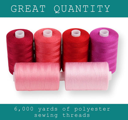 Sewing Thread in Red & Pink Color Tones – 6 Spools of Polyester Thread for Sewing Machine for Beginners, Hand Stitching & Quilting - 1000 yds per Spool