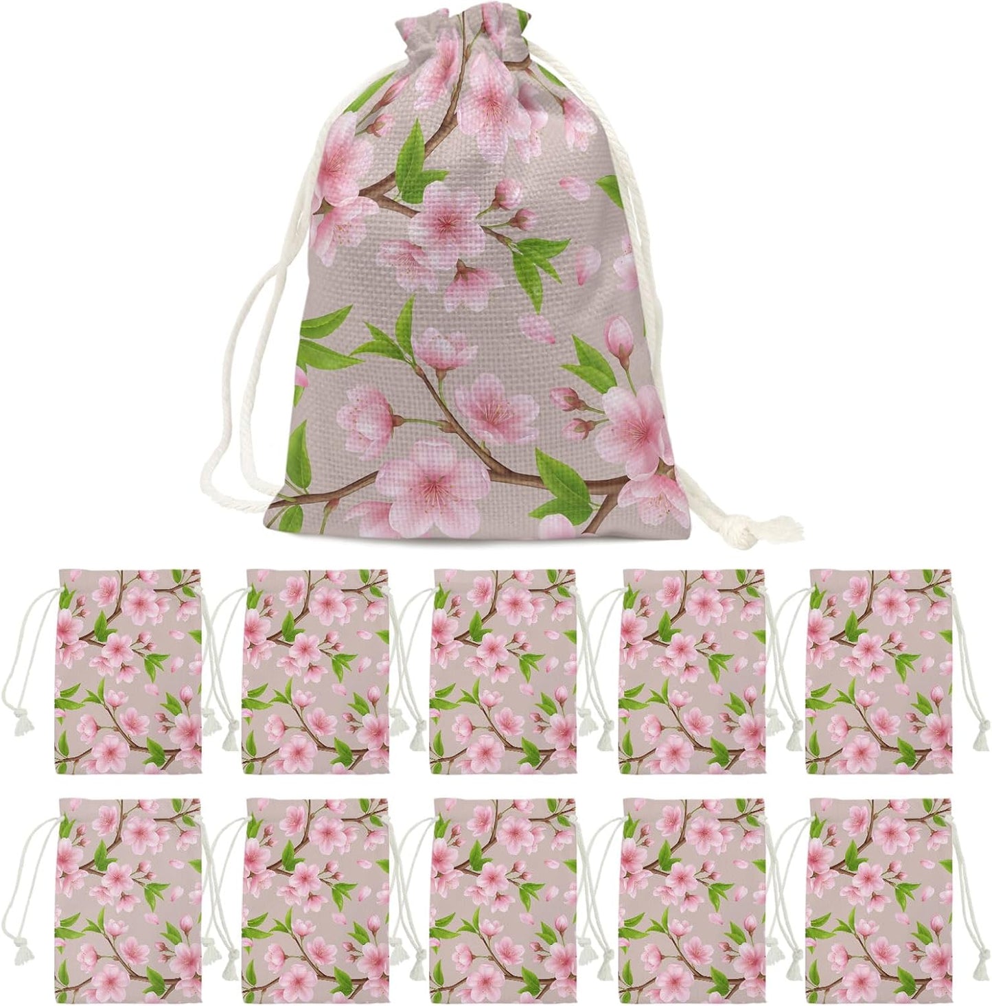 Victoroes Spring Peaches Drawstring Gift Bags 10 Pcs 5" x 7" Small Peaches Flowers Begin Gift Bag Reusable Fabric Wrap Bags for Wedding Party Birthday Holiday