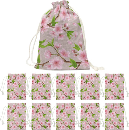 Victoroes Spring Peaches Drawstring Gift Bags 10 Pcs 5" x 7" Small Peaches Flowers Begin Gift Bag Reusable Fabric Wrap Bags for Wedding Party Birthday Holiday