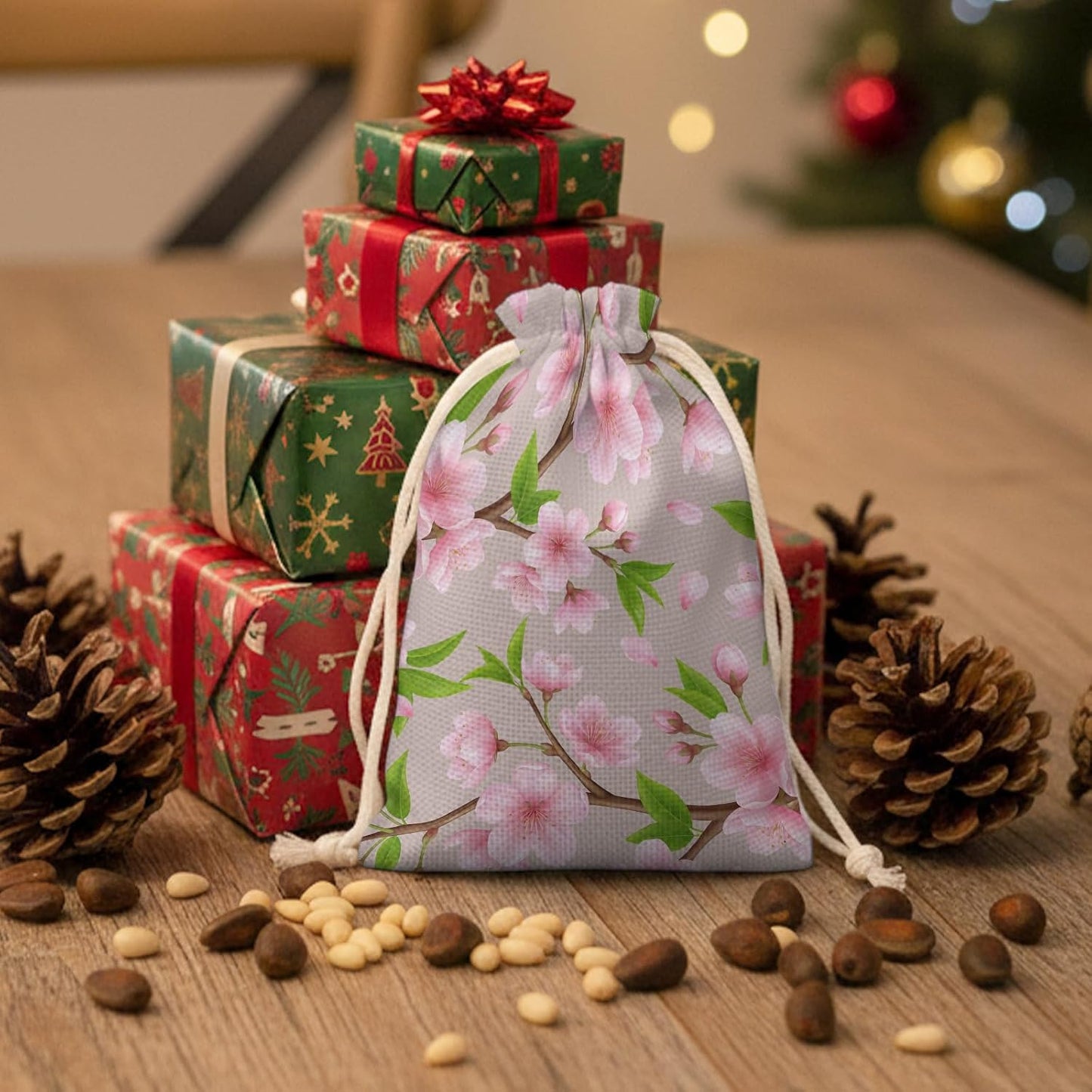 Victoroes Spring Peaches Drawstring Gift Bags 10 Pcs 5" x 7" Small Peaches Flowers Begin Gift Bag Reusable Fabric Wrap Bags for Wedding Party Birthday Holiday