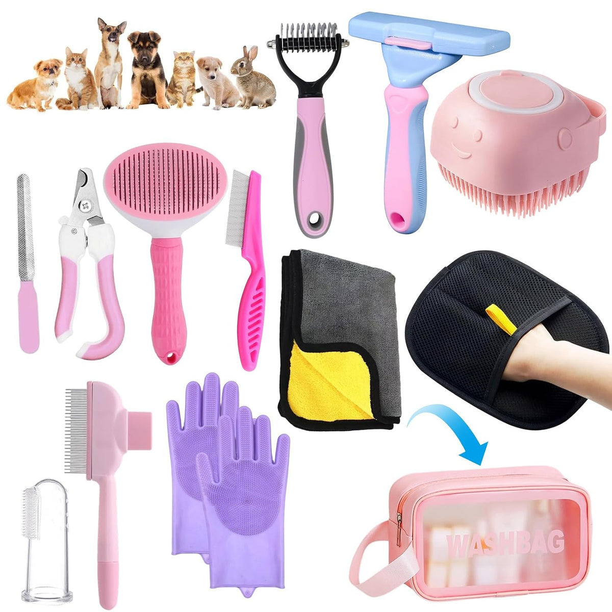 Aglads 12PCS Cat Rabbit Bunny Dog Grooming Kit,Self-Cleaning Slicker Brush&Deshedding Tool,Dematting Comb,Nail Clipper&File,Electrostatic Hair Removal Gloves,Complete Pet Grooming Supplies(12, pink)
