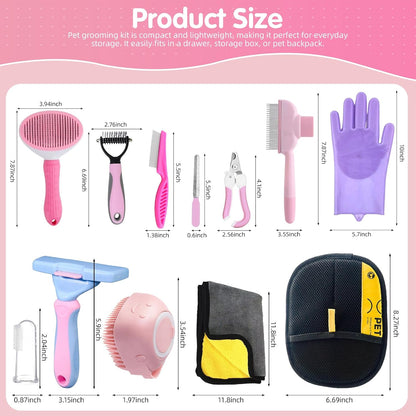 Aglads 12PCS Cat Rabbit Bunny Dog Grooming Kit,Self-Cleaning Slicker Brush&Deshedding Tool,Dematting Comb,Nail Clipper&File,Electrostatic Hair Removal Gloves,Complete Pet Grooming Supplies(12, pink)