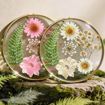 Resin Drink Coasters for Desk Coffee Table-Pink&White Dried Flowers Round Shape Cup Coasters Set of 2 for Office Home Outdoor Decor Gifts for Girls Women