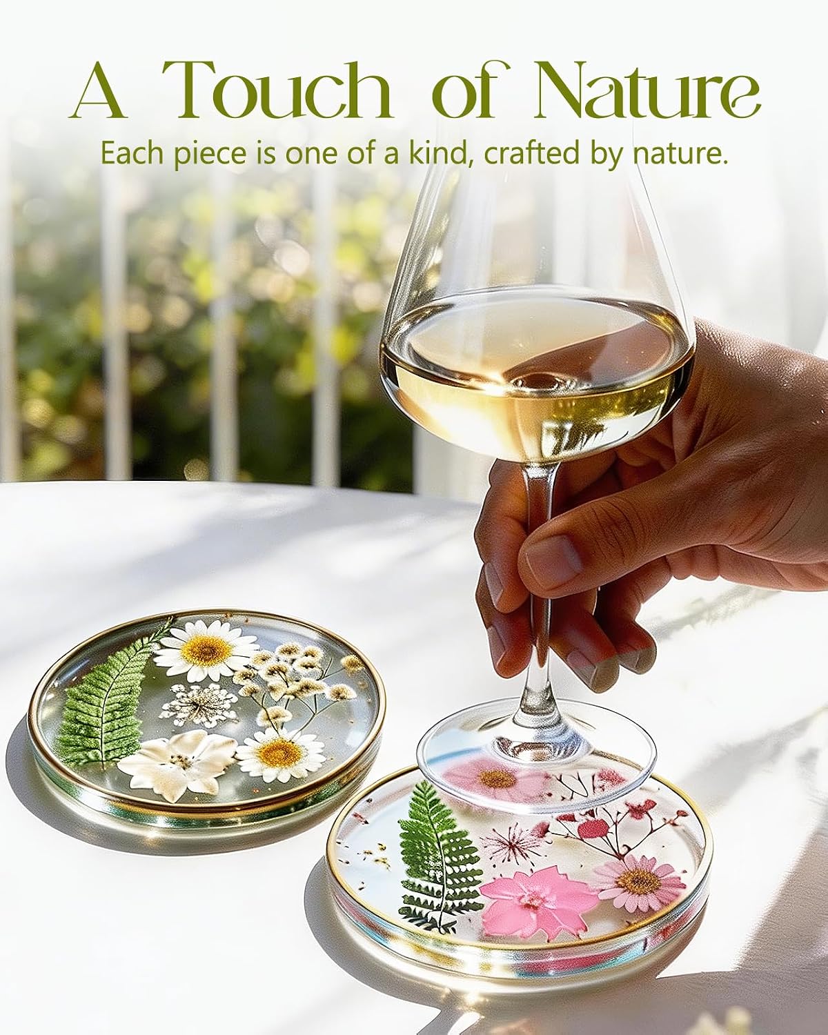 Resin Drink Coasters for Desk Coffee Table-Pink&White Dried Flowers Round Shape Cup Coasters Set of 2 for Office Home Outdoor Decor Gifts for Girls Women