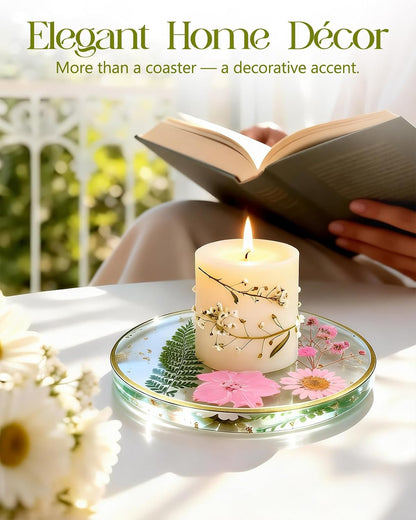Resin Drink Coasters for Desk Coffee Table-Pink&White Dried Flowers Round Shape Cup Coasters Set of 2 for Office Home Outdoor Decor Gifts for Girls Women