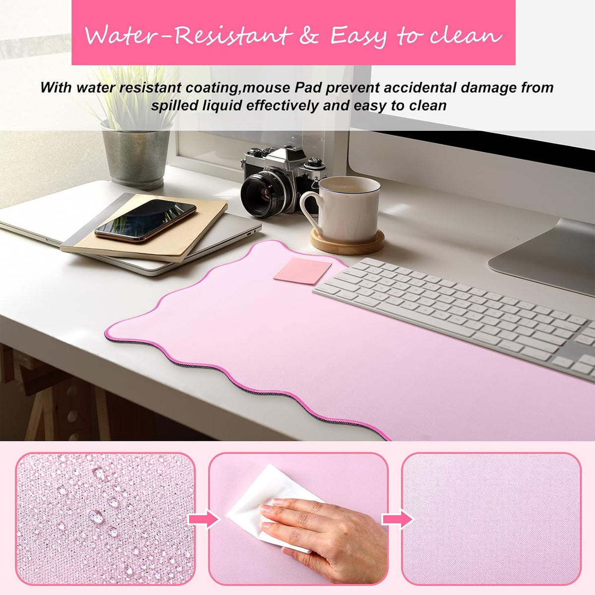 Large Scalloped Desk Mat Pad, Pink, 31.5 x 15.8 Inches