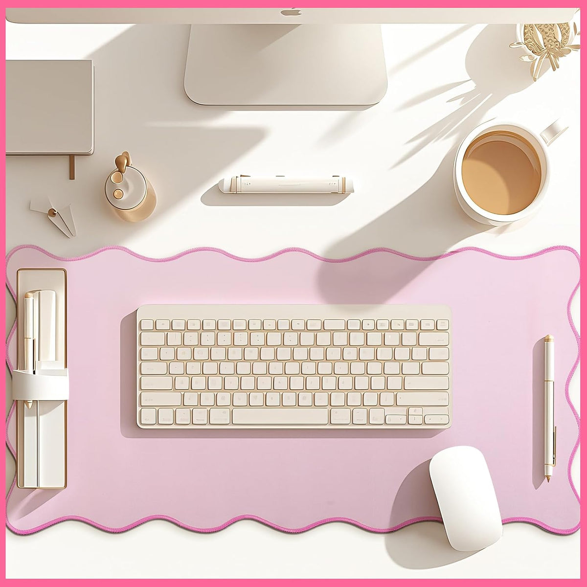 Large Scalloped Desk Mat Pad, Pink, 31.5 x 15.8 Inches