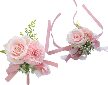 2 Pack Pink Flower Wrist Corsage & Boutonniere Set,3" Mini Silk Flowers
