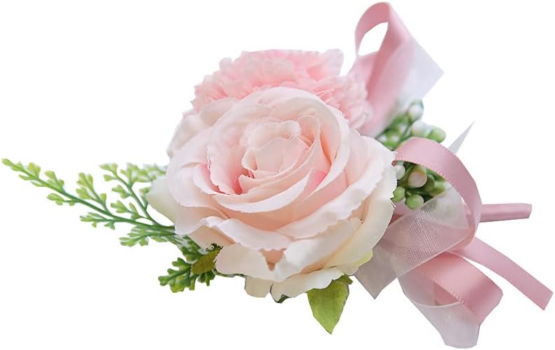 2 Pack Pink Flower Wrist Corsage & Boutonniere Set,3" Mini Silk Flowers