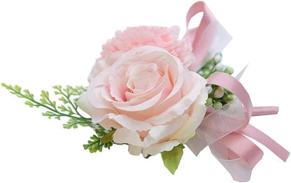 2 Pack Pink Flower Wrist Corsage & Boutonniere Set,3" Mini Silk Flowers