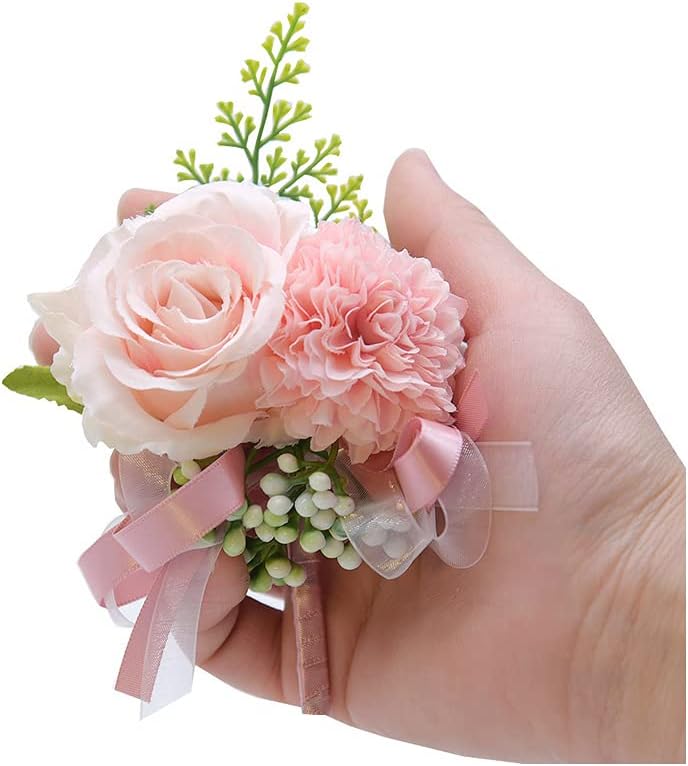 2 Pack Pink Flower Wrist Corsage & Boutonniere Set,3" Mini Silk Flowers