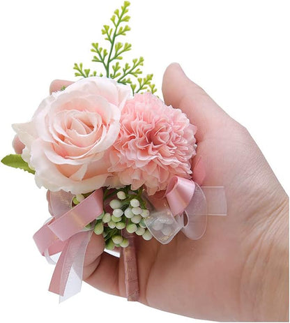 2 Pack Pink Flower Wrist Corsage & Boutonniere Set,3" Mini Silk Flowers
