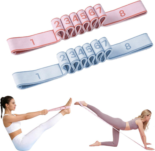 2-Pack Fitness Resistance Band for Stretching and Yoga, 8-Section Digital Yoga Strap with Numbered Loops, Light Blue & Pink Elastic Exercise Bands for Home Workouts