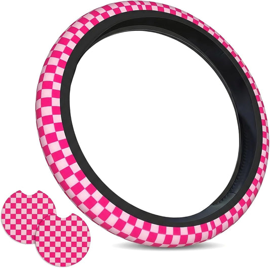 Checkered Hot Pink Steering Wheel Cover 15in 2 Car Coasters Decoration