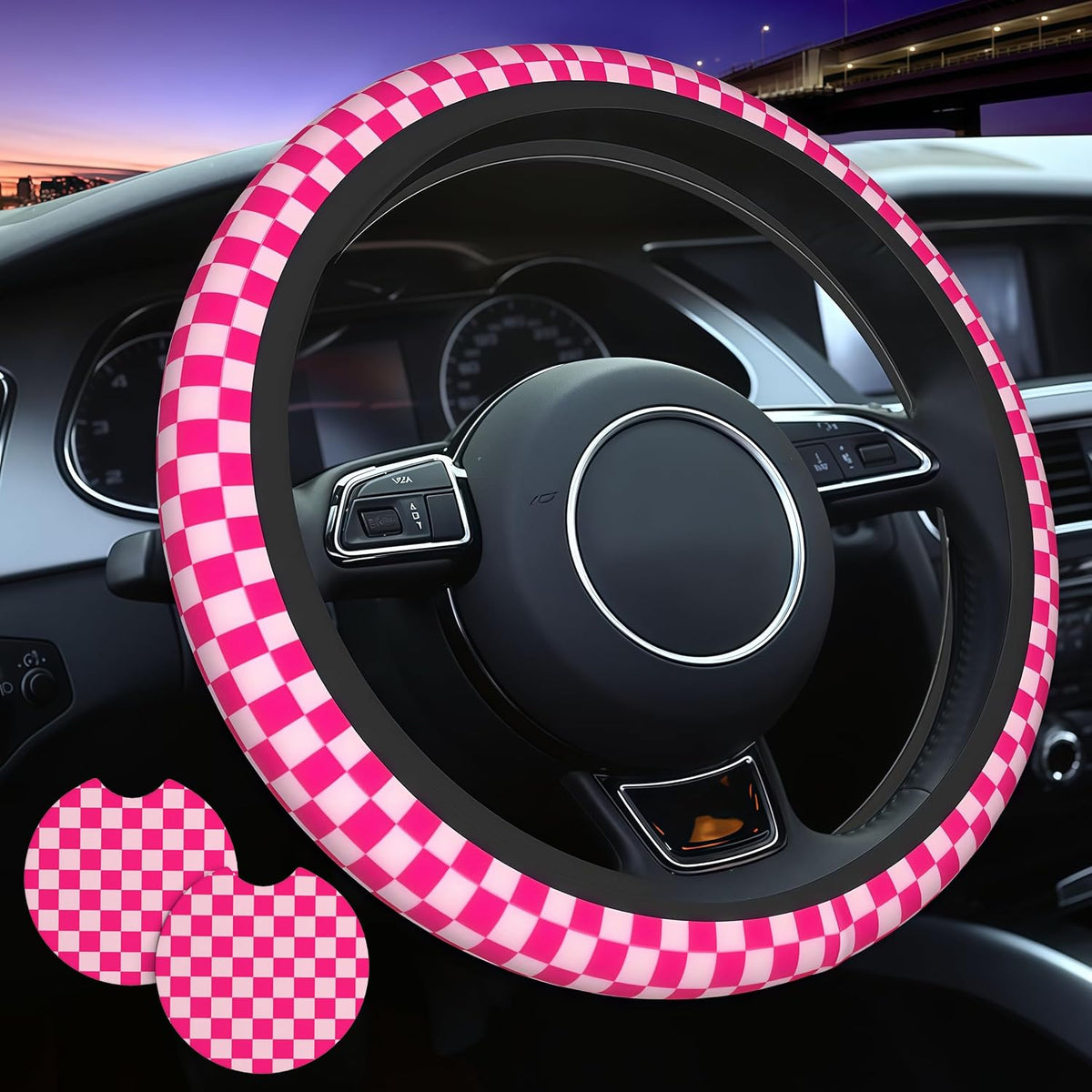 Checkered Hot Pink Steering Wheel Cover 15in 2 Car Coasters Decoration