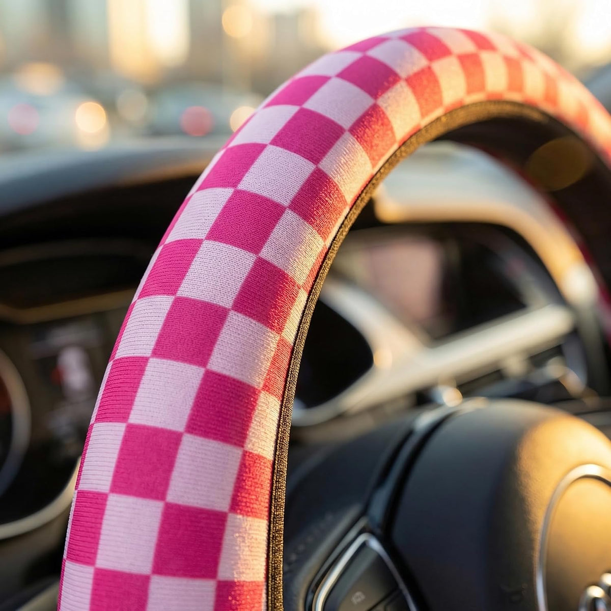 Checkered Hot Pink Steering Wheel Cover 15in 2 Car Coasters Decoration