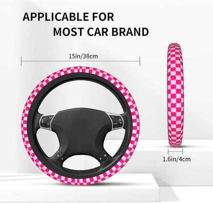 Checkered Hot Pink Steering Wheel Cover 15in 2 Car Coasters Decoration