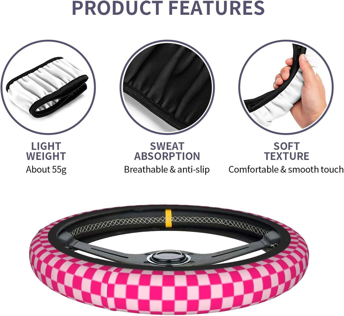 Checkered Hot Pink Steering Wheel Cover 15in 2 Car Coasters Decoration