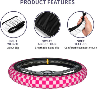 Checkered Hot Pink Steering Wheel Cover 15in 2 Car Coasters Decoration
