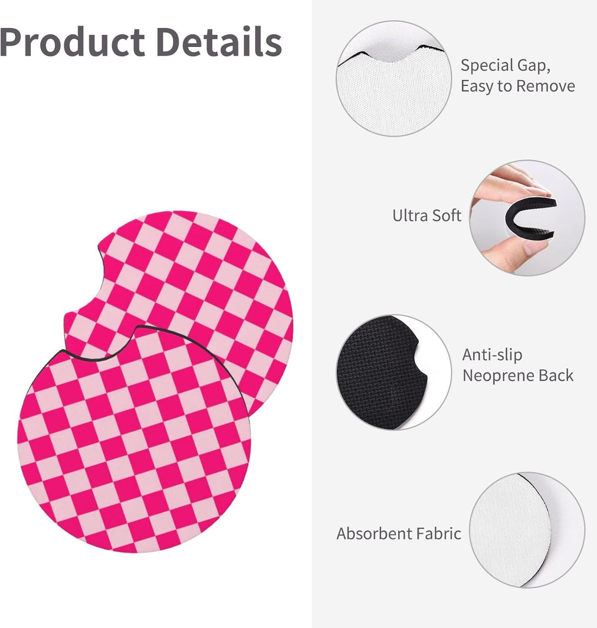 Checkered Hot Pink Steering Wheel Cover 15in 2 Car Coasters Decoration