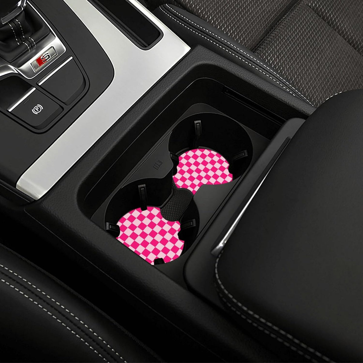 Checkered Hot Pink Steering Wheel Cover 15in 2 Car Coasters Decoration