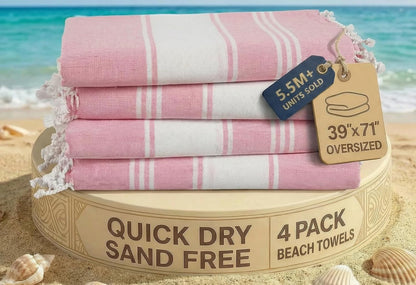 Turkish Beach Towel 4 Pcs, Beach Towels, for Adults - Candy Pink