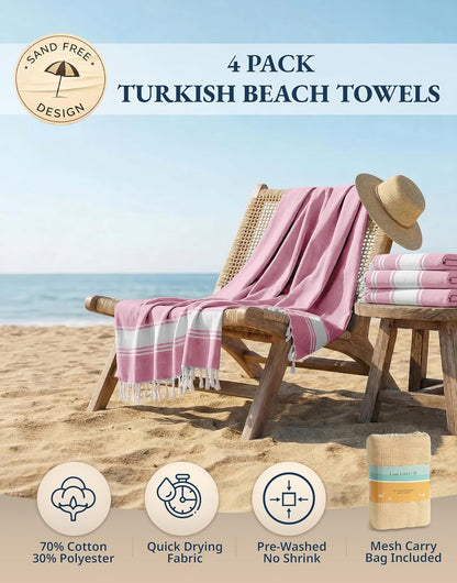 Turkish Beach Towel 4 Pcs, Beach Towels, for Adults - Candy Pink