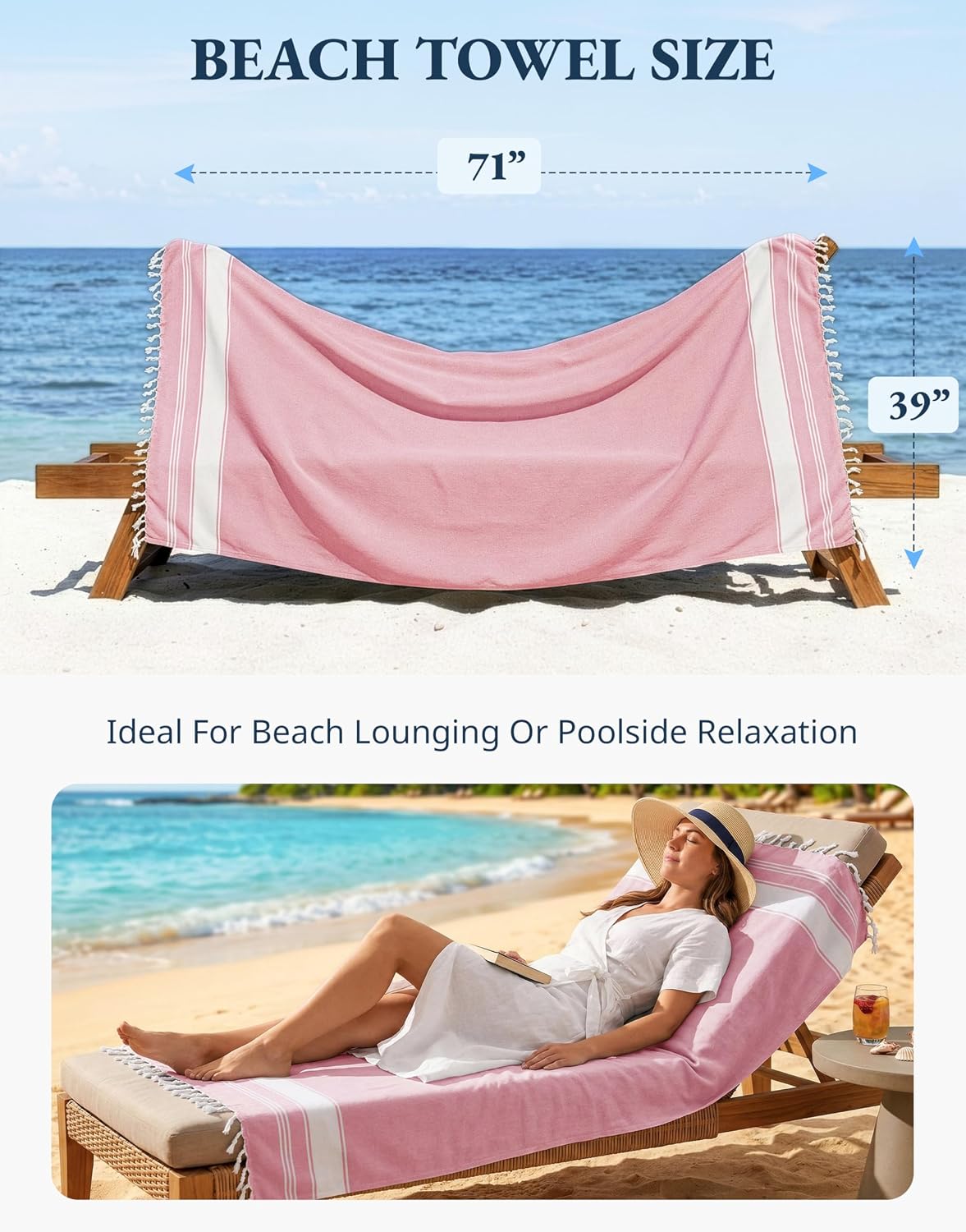 Turkish Beach Towel 4 Pcs, Beach Towels, for Adults - Candy Pink