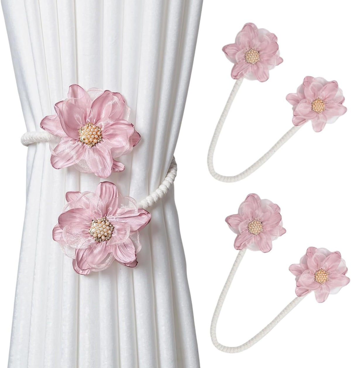 2 Pack Boho Flower Curtain Ties, Curtain Tieback Rope for Home&Office Decor