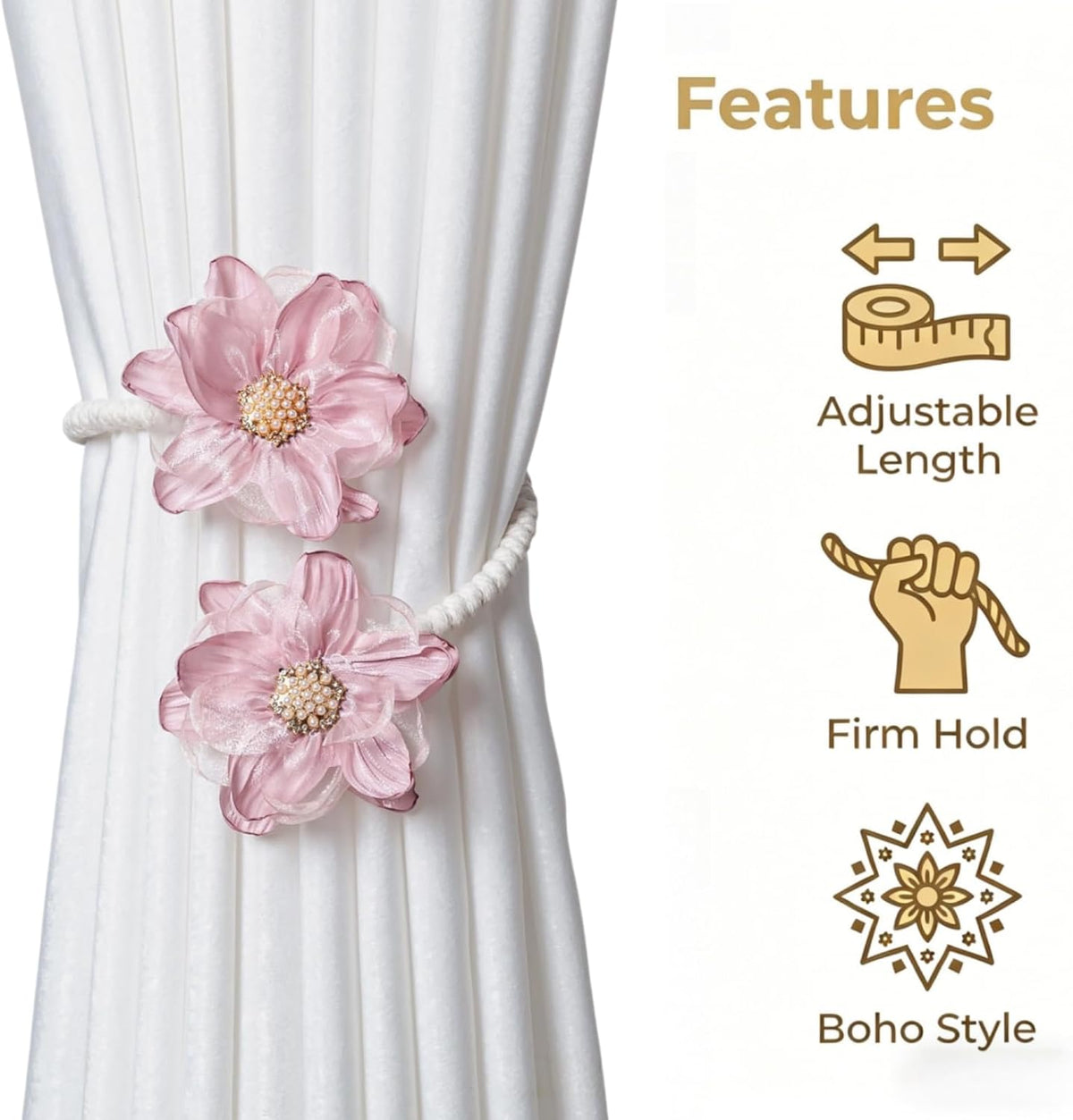 2 Pack Boho Flower Curtain Ties, Curtain Tieback Rope for Home&Office Decor