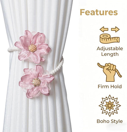2 Pack Boho Flower Curtain Ties, Curtain Tieback Rope for Home&Office Decor