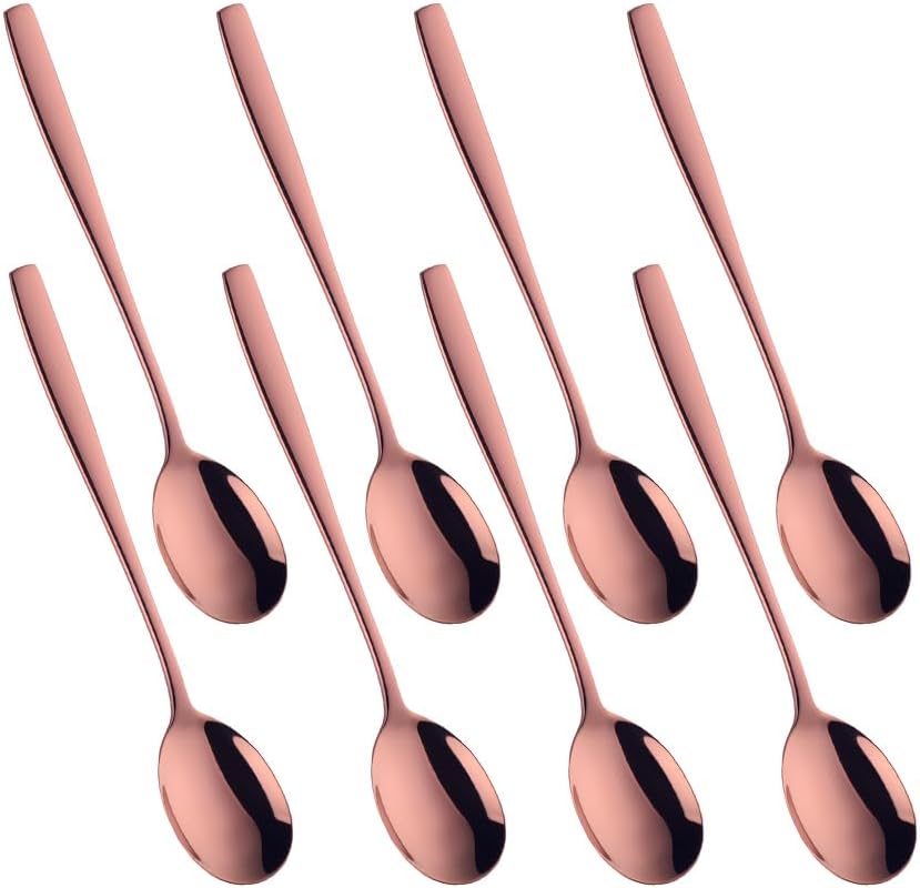 Metal Round Spoons, 8 inch Stainless Steel Reusable Long Handle Korean Soup Spoons, Table Dinner Desert Spoon Set of 8(Rose Gold)