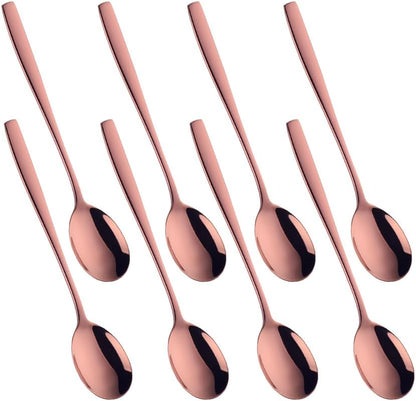 Metal Round Spoons, 8 inch Stainless Steel Reusable Long Handle Korean Soup Spoons, Table Dinner Desert Spoon Set of 8(Rose Gold)