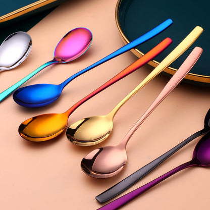 Metal Round Spoons, 8 inch Stainless Steel Reusable Long Handle Korean Soup Spoons, Table Dinner Desert Spoon Set of 8(Rose Gold)